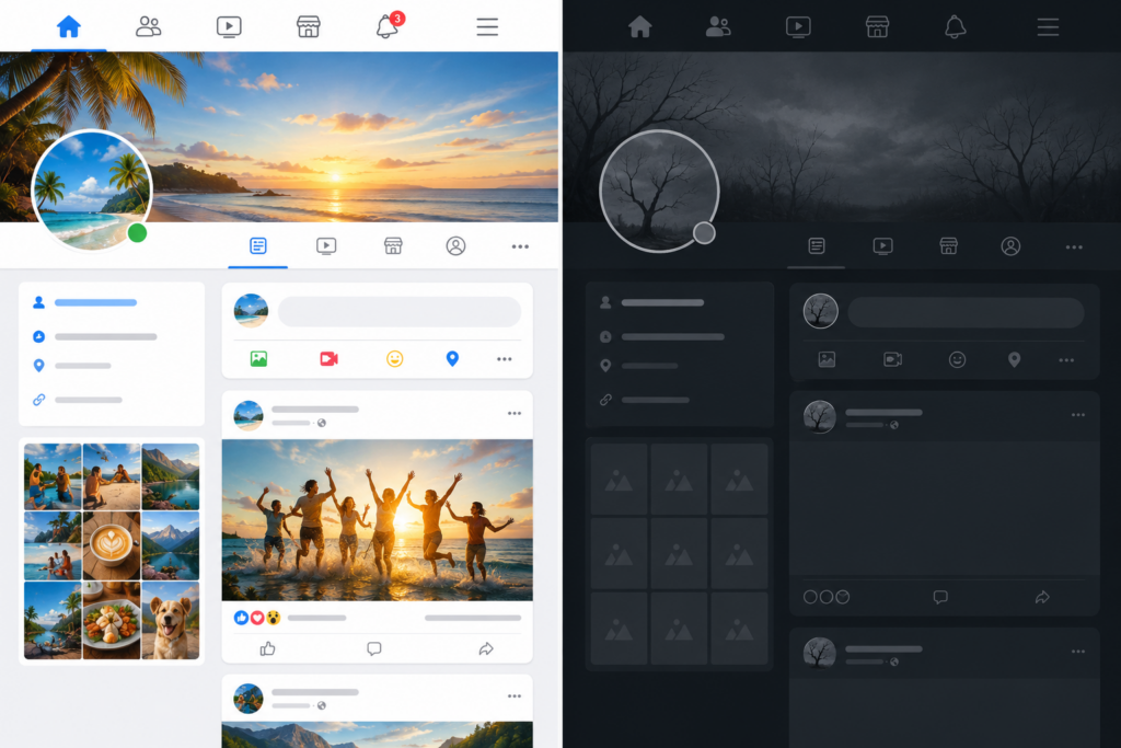 Side by side comparison of active vs inactive local business social media pages showing why your business feels invisible online