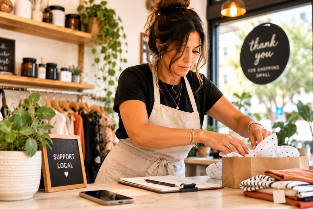 Small business owner packaging a customer order while an untouched smartphone sits on the counter, illustrating how busy entrepreneurs often struggle to keep up with social media.